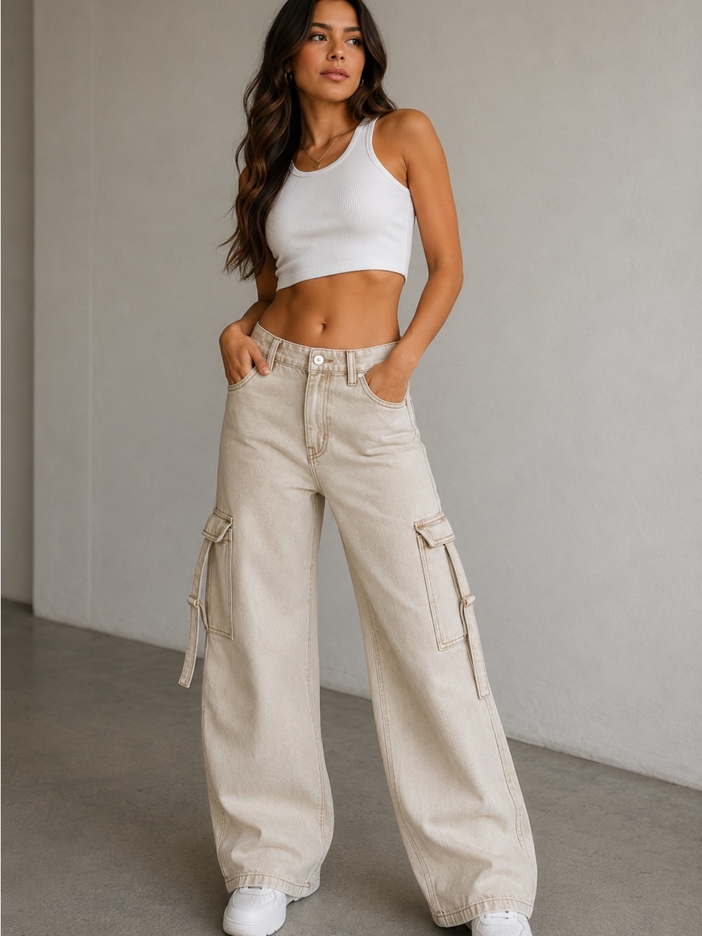 Sincerely Jules Utility Cargo Wide Leg Jeans Size 27 Beige High Rise Belted